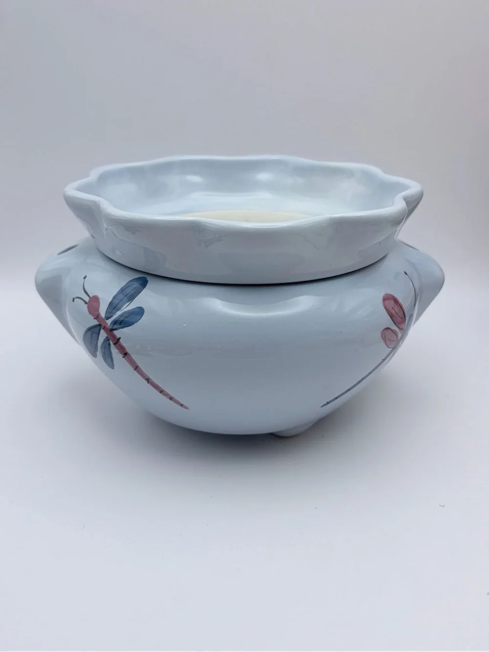 Vintage Ceramic *African Violet Planter Self Watering Dragonfly Pot Light Blue